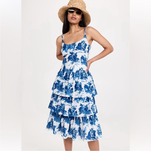 CARA CARA Ruffle Tiered Spaghetti Strap Dress in Blue and White Toile Tropical - Picture 1 of 7